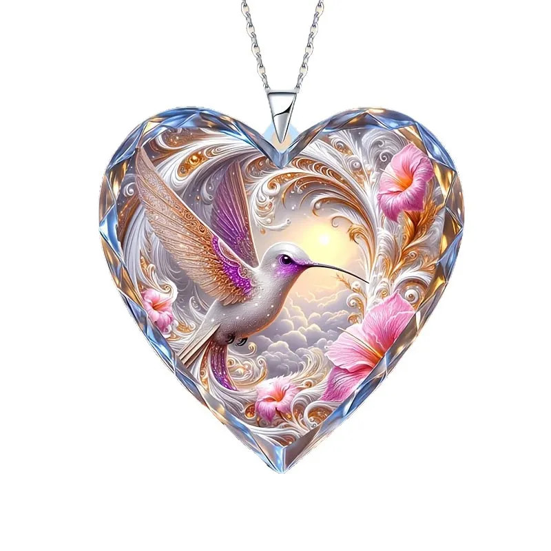 Cute Heart & Hummingbird Pendant Necklace – 2D Flat Acrylic Charm, Exquisite Stylish Jewelry for Women, Girls & Bird Lovers
